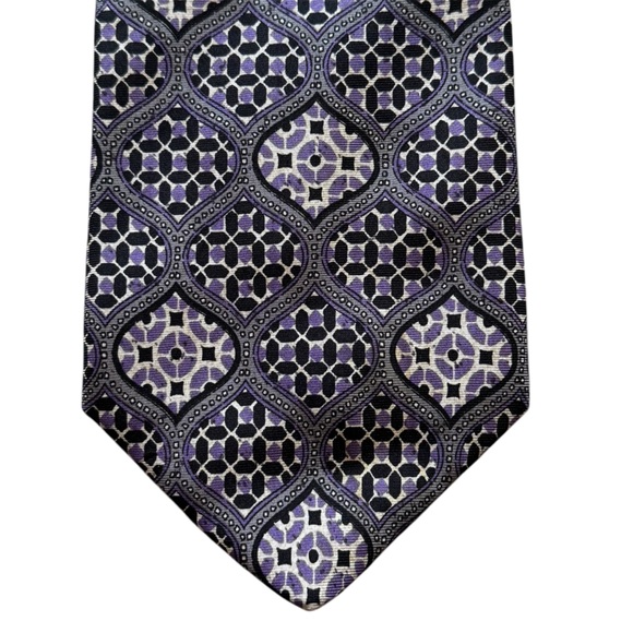 Vintage Purple White Black Pattern Print Pure Silk Mens Tie - Picture 1 of 10
